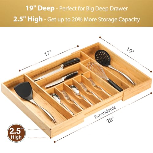 Umilife Extra Large Expandable Kitchen Siverware Utensils Drawer Organizer, 19" Deep for Big Drawer, Adjustable Bamboo Wood Drawer Divider with Curved Grooves, Cutlery Tray Flatware Holder - size: Expandable 17~28 x 19 inch