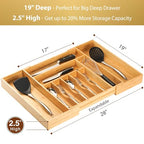 Umilife Extra Large Expandable Kitchen Siverware Utensils Drawer Organizer, 19" Deep for Big Drawer, Adjustable Bamboo Wood Drawer Divider with Curved Grooves, Cutlery Tray Flatware Holder - size: Expandable 17~28 x 19 inch
