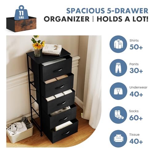 DUMOS Nightstand with 5 Drawers Bedside Table with Removable Fabric Bins Sturdy Steel Frame Wood Top Organizer Furniture for Bedroom Closet Living Room, Black - color: Black, size: 15.69"W x 11.8"D x 47.7"H(5 Drawers)