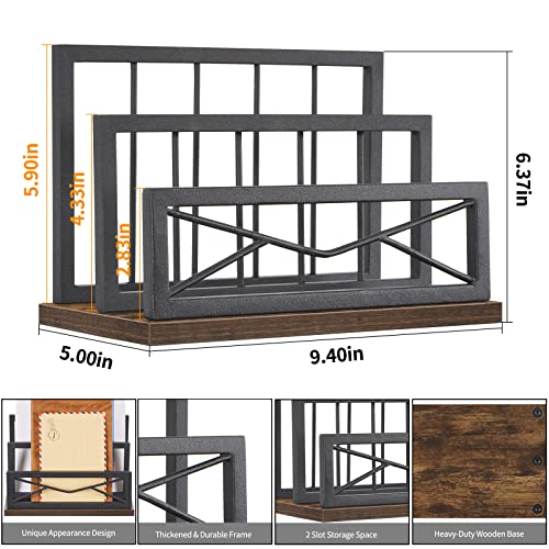 Snughome Desktop Mail Organizer, Desk Mail Organizer with 2-Slot Matte Black Metal Desktop Mail Sorter, Metal Storage File Holder Letter Sorter Organizer for Home or Office, Rustic Brown