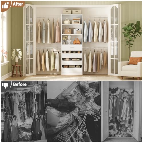 Aheaplus Closet System, 4-9Ft Closet Organizer with 4 Wooden Drawers, Wood Closet Organizer System with Tower, Walk-in Closet Organizer Wardrobe Clothes Rack with 4 Hanging Rods, Garment Rack, White - color: White