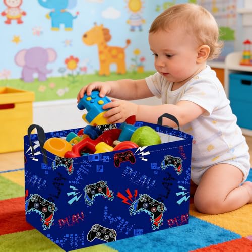 Rectangular Game Basket for Boys,Game Storage Bin,Boy Storage Basket,Collapsible Storage Bin,Gift Organizer, Shelf Baskets,Boy Room Decor(Blue Game) - color: Navy Blue Game