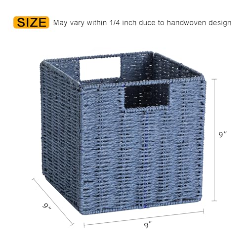 Vagusicc Wicker Basket, Set of 2 Hand-Woven Paper Rope Storage Baskets for Organizing, Foldable Cubby Storage Bins, 9 Inch Small Wicker Storage Basket, Square Baskets Cube Storage Organizer Bins, Blue - color: Dark Blue, size: 9'' x 9'' x 9''