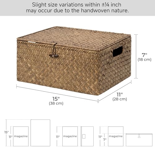 StorageWorks Wicker Baskets with Lid for Organizing, Seagrass Storage Baskets for Shelves, Decorative Box with Built-in Handles, Brown, Large, 1 Pack - color: Brown(Seagrass), size: 15"L × 11"W × 7"H