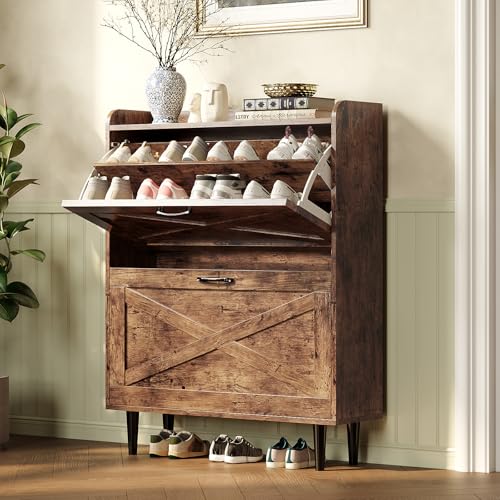 VINGLI Shoe Storage Cabinet for Entryway with 2 Flip Drawers, Ultra Slim Freestanding Entryway Shoe Organizer with Wood Tapered Legs,Hidden Closed Shoe Rack,31.6" W * 9.4" D * 39.4" H, Rustic Brown - color: Rustic Brown, size: 31.5"W 2 Drawers