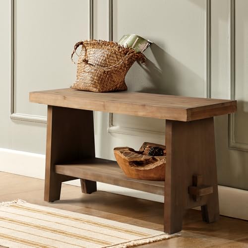 HOKYHOKY Solid Wood Entryway Bench - 31.5" Farmhouse Small Storage Bench, Rustic Narrow Bench Seat for Indoor, Entryway, Dining Room, Living Room and Hallway, Brown - size: 31.5"