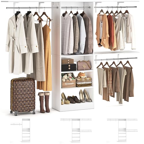 iSunirm 8FT Closet System with Shelves, 96'' Closet Organizer System with 3 Hanging Rods, Wall Mount Bedroom Wardrobe Walk-in Closet, Adjustable Cloth Garment Rack from 5 to 8FT (Cut to Fit), White - color: White