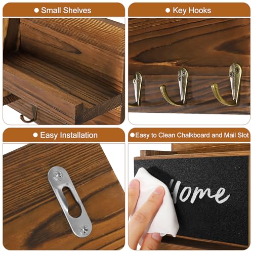 Decorative Key Hanging Rack with 8 Hooks – Easy Install Natural Wooden Key and Mail Holder for Wall Mount – Sunglasses Wallet Holder Entryway Decor with Shelf and Chalkboard (Brown) - color: Brown