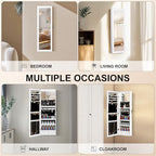 Mirror Jewelry Cabinet, Wall/Door Mounted Jewelry Armoire with Full-Length Mirror, Hanging Jewelry Organizer with LED Interior Lights, White