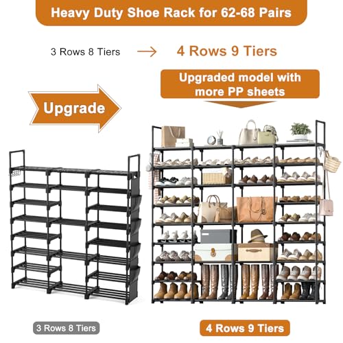 WOWLIVE 4 Row 9 Tiers Extra Large Shoe Rack 68-72 Pairs Big Tall Metal Shoe Shelf, Heavy Duty Organizer for Closet Entryway, Boot Rack Storage Stackable Stand for Garage Black - color: Black, size: 4 Row 9 Tier