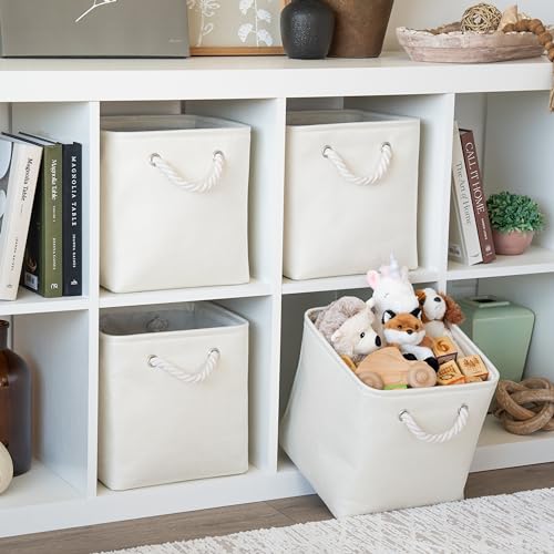 OrganiHaus 11x11 Cube Storage Bins 4 Pack, Foldable Cube Storage Organizer w/ Rope Handles, Collapsible Fabric Bins for Toys, Clothes & Closet Organization, Fabric Square Baskets - Off-White - color: Off-White, size: 4 pcs (11x11)