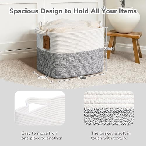 Goodpick Woven Storage Basket, Cotton Rope Baskets with Handles, Toy Baskets Storage Kids, Blanket Basket for Living Room, Bedroom, Gray and White, 18 x 14 x 12 Inches - color: Light Grey, size: 18"L x 14"W x 12"H
