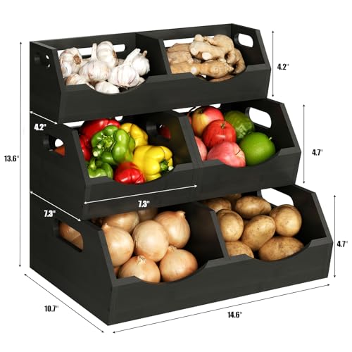 Potato Storage Bins Onion, 3 Tier Bamboo Pantry Storage Bin Stackable Ventilated Organizer for Kitchen, Pantry, Countertop, Bathroom, Black - color: Black