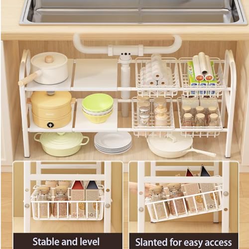 Under Sink Organizer，2 Tier Expandable Heavy Duty Metal Shelf，with 5 Removable Panels and 5 Storage Basket for Under Kitchen Bathroom Sink Organizers and Storage(White, Large) - color: White, size: Large