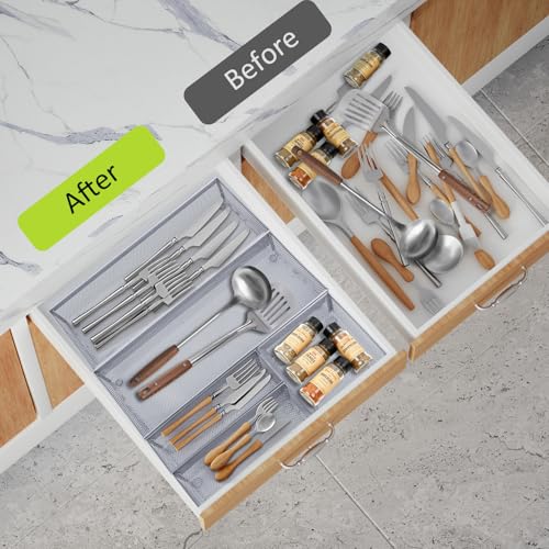 Neudeco Silverware Drawer Organizer,Utensil Organizer for Kitchen Drawer Organizer for Large Utensils with Interlocking Arm, Silverware Storage Cutlery Tray for Knives Fork Spoon (Pack 5, Silver) - color: Silver-5L pack