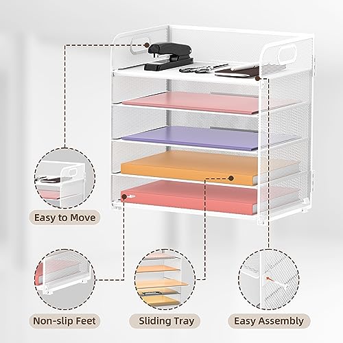 Supeasy 5 Trays Paper Organizer Letter Tray with Handle-Mesh Desk File Holders, Paper Sorter Desk Organizer for Office, Home, Classroom or School, White - color: White