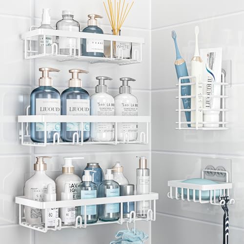 Liuoud 5 Pack Shower Caddy Organizer Rack Shelf for Inside Shower, Self Adhesive Wall Storage Basket Rustproof Stainless Steel Shampoo Holder Bathroom Accessory Decor Set, White - color: White