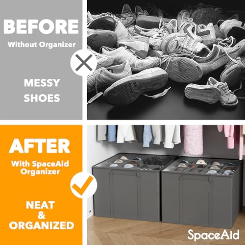 SpaceAid Shoe Organizer for Closet, 2 Pack Foldable Shoe Storage Containers Baskets Boxes Bins w/Adjustable Dividers, Fits 16-32 Pairs, Grey - color: Grey