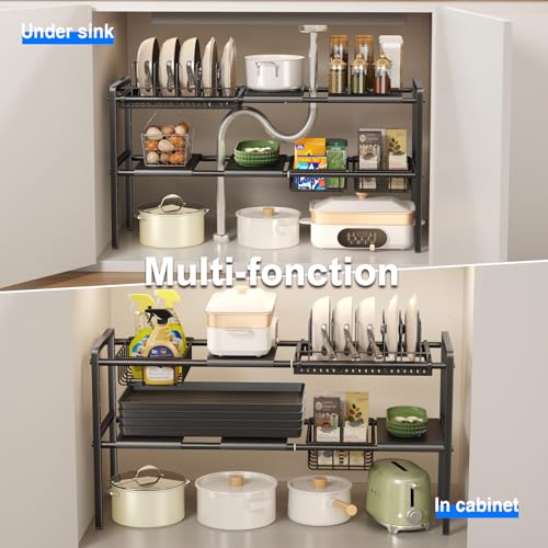 Mustorn Pots and Pans Organizer Under Cabinet, Expandable 2 Tier Under Sink Organizers Storage Adjustable Height Kitchen Pot and Pan Lid Holder Rack with 6 Dividers(4panels,2baskets,1 Pot rack,Black) - size: 4panels &2baskets &1 pot rack-2 Tier