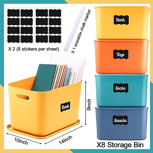 Tanlade 8 Pcs Plastic Storage Bins Stackable Baskets with Lid and Handle Colorful Desktop Storage Box Cubby Containers for Shelf Bedroom Office, Include 1 Erasable Marker, 16 Stickers (14 x 10 x 9 In) - size: 14 x 10 x 9 in