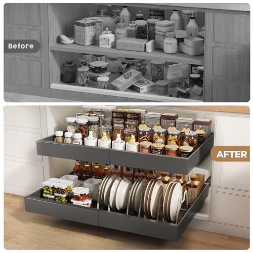 Seinloes 4 Pack Pull out Cabinet Organizer 21" Deep With Raising Pad for Framed Cabinets,Expandable (15.2"-26.3"W) Slide out Drawers for Kitchen Cabinets with 4pcs Divider Racks,Roll out Shelves,Black - color: Black, size: 15.2"-26.3"W x 21"D(4Pack)