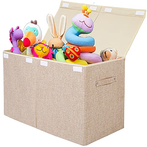 popoly Large Toy Box Chest Storage with Flip-Top Lid, Collapsible Kids Storage Boxes Container Bins for Toys, Playroom Organizers, 25"x13" x16"(Linen Beige) - color: Large Beige