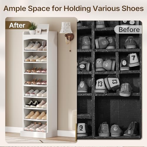 YATINEY 9-Tier Tall Shoe Rack, Wooden Shoe Storage Organizer, Narrow Shoe Cabinet with Removable Shelves for Small Spaces, Holds 18 Pairs of Shoes, for Entrance, Hallway, White SS22WT - color: White, size: 18.9"L x 13.4"W x 65.7"H
