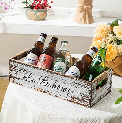 TIMRIS Farmhouse Distressed Wooden Storage Box, Rustic Bathroom Decor Box, Decorative Toilet Tank Basket, Vintage Countertop Organizer Box with Handles (Distressed White) - color: Distressed White