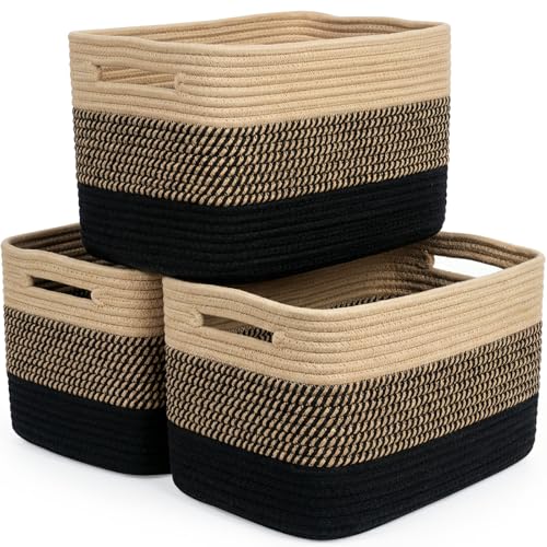Storage Baskets for Organizing, 14 x 10 x 9” Closet Shelf Woven Baskets, Square Bins with Handles, Cotton Rope Basket for Toys, Clothes, Office, Room, Black+Brown 3 Pack - color: Black+Brown, size: 3pcs