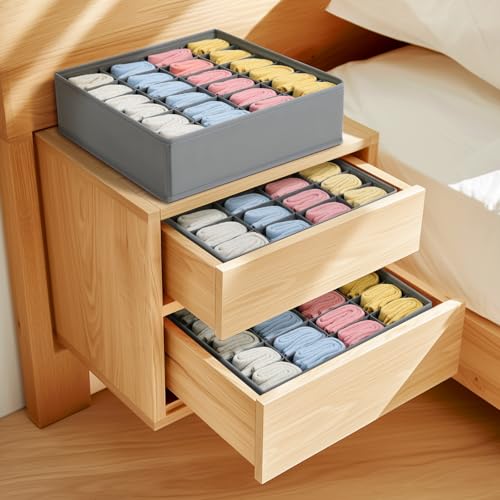 Joyoldelf Sock Organizer Drawer Organizer - Underwear Organizer, 24 Cell Collapsible Closet Organizers and Storage Sock Holders Organizers for Storing Socks, Ties, Belts 6 Pack - color: Grey, size: 6*24 cells