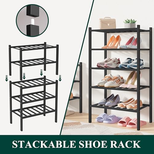 Smiry Bamboo Shoe Rack for Closet, 2 Tier Long Wooden Stackable Shoe Organizer, Free Standing Shoes Storage Shelf for Entryway, Front Door Entrance, Black - color: Black, size: 2 Tier - Long