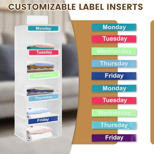 Weekly Clothes Organizer for Kids, Monday-Friday Daily Clothes Organizer and Storage, 5 Shelf Polyester Door Hanging Closet with Color Labels for Days of The Week Clothes Diaper Hats Bags Organization - color: white