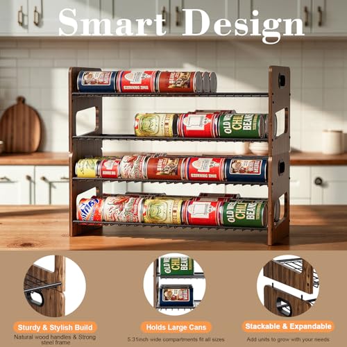 Stackable 2-Tier Can Organizer for Pantry, Space-Saving Pantry Organizer Holds up to 64 Canned Goods, Sturdy Black Shelf for Soup & Food Storage