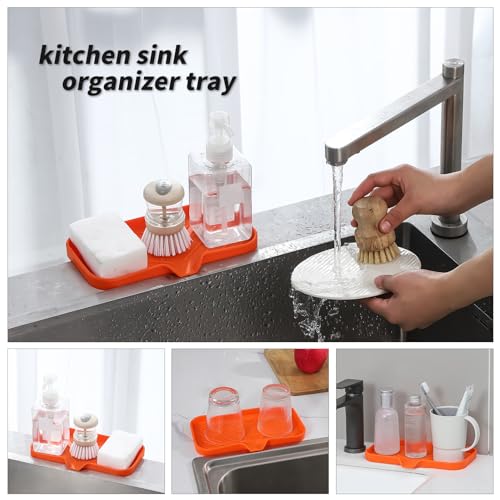 MicoYang Silicone Bathroom Soap Dishes with Drain Spout-Bathroom and Kitchen Sink Organizer,Sponge Holder,Dish Soap Tray,Perfect for Dispenser,Scrubber,Bottle,Cup on Sink or Counter-Orange 9.6"×5.3" - color: Orange, size: M(9.6"×5.3")