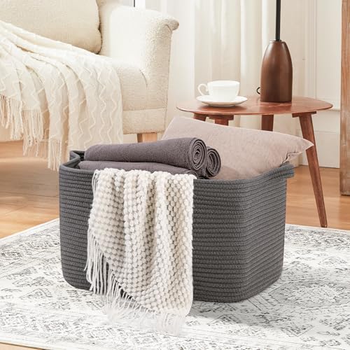 OIASKET Large Toy Basket, Rectangle Woven Rope Storage Basket for Blankets, Dirty Clothes, Shoes, Nursery Organizer Bins (Dark Grey) (Pack of 2) - color: Dark Grey, size: 19.7"x15.8"x11.8" (Pack of 2)