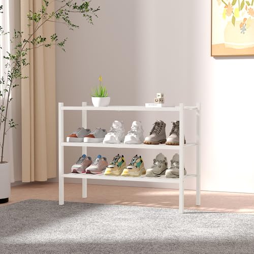 ROMGUAR CRAFT 3 Tier Bamboo Shoe Rack for Closet Free Standing Wood Shoe Shelf Storage Organizer for Entryway Small Space Stackable 27"x11"x20" (White) - color: White, size: 3 Tier