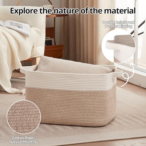 OIAHOMY Large Blanket Basket, 65L Cotton Rope Woven Laundry Basket, Toy Bin for Baby Room, Container for Blanket Storage in Living Room, 20''×16''×12'', Brown & White - color: Brown & White, size: 65L