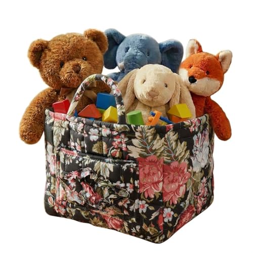Quilted Fabric Basket Foldable Car Storage Boho Floral Laundry Basket Hamper for Nursery Bedroom & Living Room | Organize Clothes Toys - color: Rose Garden