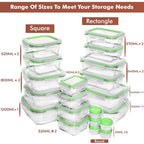 Razab 35 Pc Set Glass Food Storage Containers with Lids - Meal Prep Airtight Bento Boxes BPA-Free 100% Leak Proof (15 lids,15 glass & 5 Plastic Sauce/Dip Containers) - color: Green