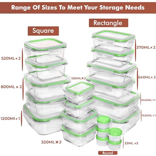 Razab 35 Pc Set Glass Food Storage Containers with Lids - Meal Prep Airtight Bento Boxes BPA-Free 100% Leak Proof (15 lids,15 glass & 5 Plastic Sauce/Dip Containers) - color: Green