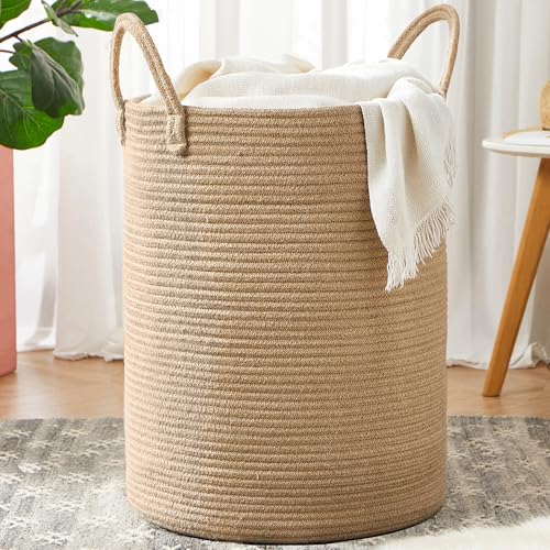80L Extra Large Jute Laundry Hamper Tall Woven Laudnry Basket Wicker Rope Clothes Hamper Boho Blanket Basket in Living Room Bedroom 16"D x 22"H - color: Jute, size: Extra Large (80L)