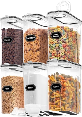 Skroam Cereal Containers Storage of 6 [4L/135.2 oz], Airtight Food Storage Containers with Lids, Plastic Cereal Dispensers for Kitchen & Pantry Organizers and Storage, Measuring Cup & 20 Labels - color: 6 PACK