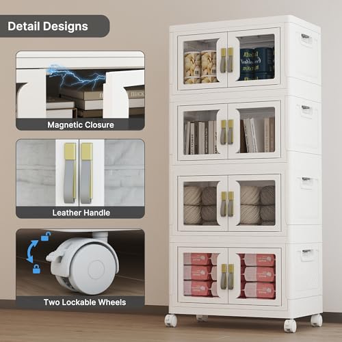 UAMFURI Stackable Storage Bins with Lids, Clear Doors, Large Storage Cabinet Foldable Collapsible Closet Organizers for Bedroom Dorm Office (4, White, 48, Quarts) - color: White