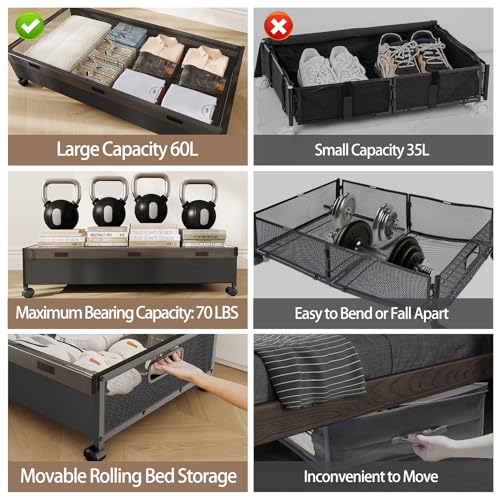 KITHELP Under Bed Storage Containers with Wheels, Underbed Shoe Storage Organizer with Removable Lids, Large Rolling Under Bed Storage Dresser Drawers for Clothes Toys Shoes Blankets - color: Black-1pack