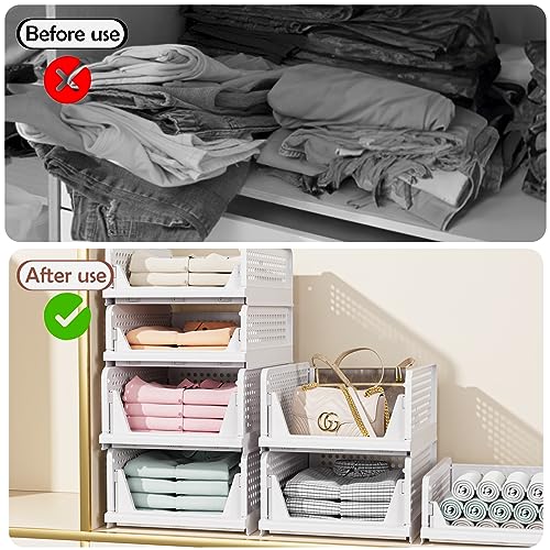 4 Pack Folding Closet Organizers Storage Box, Stackable Storage Bins, Plastic Drawer Basket Closet Storage for Wardrobe Cupboard Kitchen Bathroom Office White-4L - size: 4 PACK-L