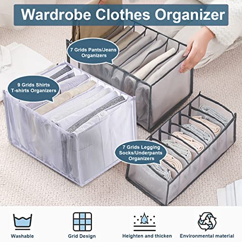 KesaPlan 3Pcs Wardrobe Clothes Organizer, 7/7/9 Grids Visible Foldable Closet Organizers, Compartment Storage Box with Mesh Separation, Washable Drawer Dividers Organizers (Pants+T-Shirt+Legging) - color: Pants+T-Shirt+Legging