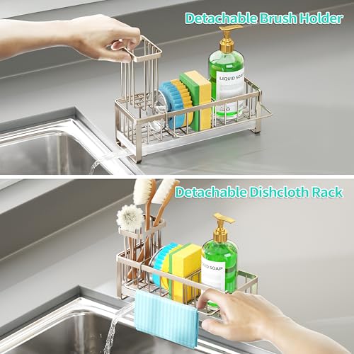HapiRm Sponge Holder for Kitchen Sink - Self-draining Sink Caddy with Brush Holder and Dishcloth Holder, Stainless Steel Kitchen Organizer for Countertop - Brushed Nickel - color: Brushed Nickel, size: with Dishcloth Holder
