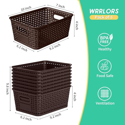 8-Pack Brown Plastic Storage Baskets with Lids, Label Organizers, Stackable Organizer Containers: For Organizing Shelves, Drawers, Desk Closets, Playrooms, Classrooms, Offices - color: Brown