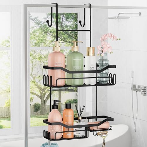HapiRm Hanging Shower Caddy Over the Door with Soap Holder, No Drilling Adhesive Shower Organizer with 11 Hooks, Rustproof & Waterproof 304 Stainless Steel Bathroom Shelves - Black - color: A-Black