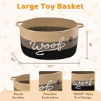 Woof Dog Toy Basket with Handles, Large Dog Toy Storage Bin with Paw Print, Woven Dog Basket for Blankets, Toys, Chews, Pet Toy Box for Nursery, Living Room, Bedroom, 17”x12”x9, Black - color: Black